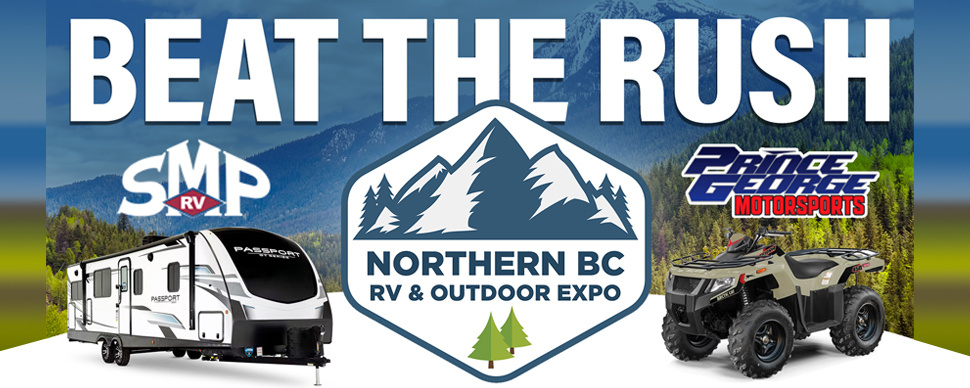 An RV and ATV vehicle with a background of trees and mountains. Northern BC RV &amp;amp; Outdoor Expo February 24 to 26 at CN Centre 