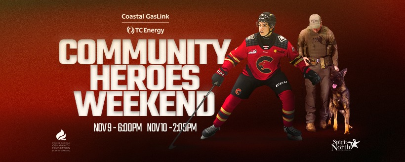 Community Heroes Weekend November 9 6pm and November 10 2pm Cougars player skating beside a police officer with service dog.