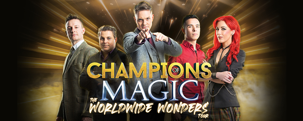 Champions of Magic The Worldwide Wonders Tour Magicians standing together with a magical background Champions of Magic The Worldwide Wonders Tour Magicians standing together with a magical background