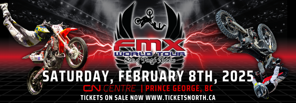 FMX World Tour Saturday February 8, 2025 CN Centre Prince George BC Tickets On Sale Now www.ticketsnorth.ca BMX racers performing stunts in the air with lightning in the background. FMX World Tour Saturday February 8, 2025 CN Centre Prince George BC Tickets On Sale Now www.ticketsnorth.ca BMX racers performing stunts in the air with lightning in the background.